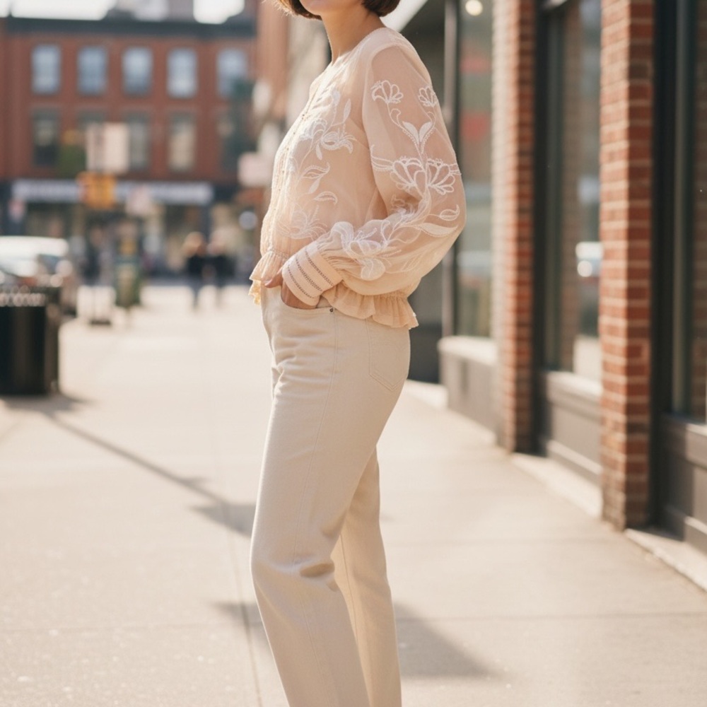 Anthropologie Cream Embroidered Boho blouse sheer floral Pintuck ruffle hem smal - Picture 3 of 5
